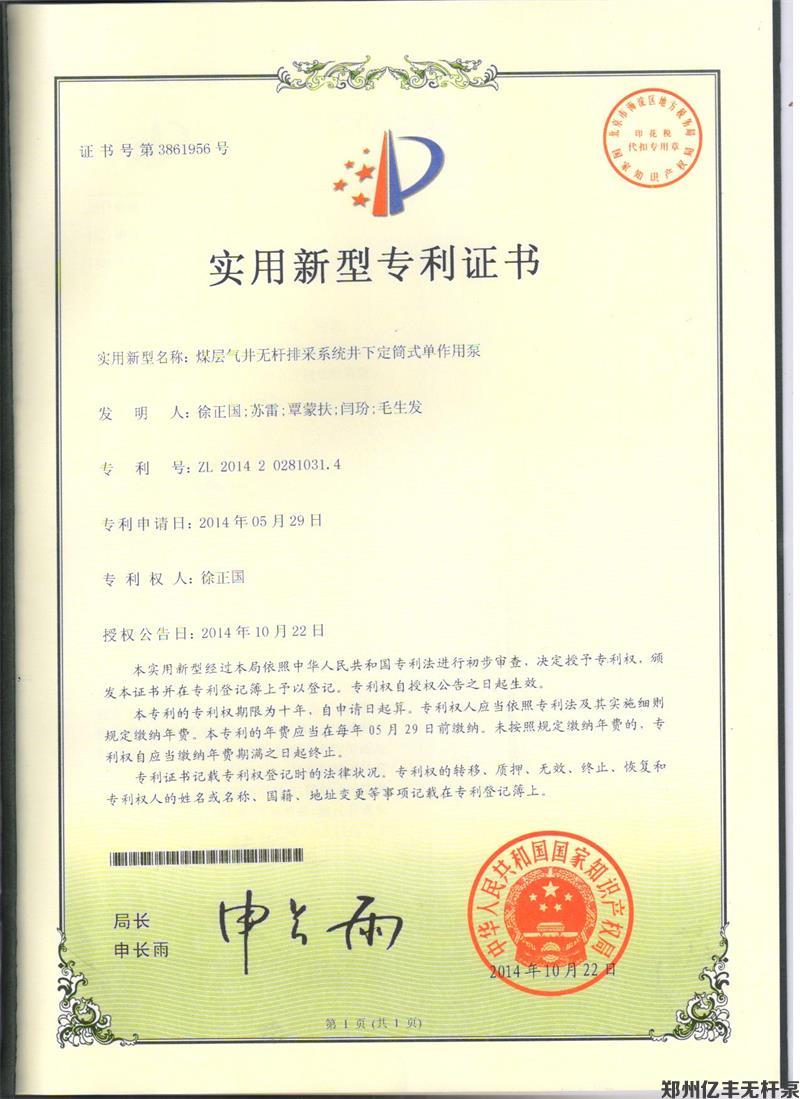 煤层气井无杆排采系统井下定筒式单作用泵 实用新型专利